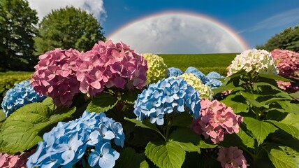 Vibrant rainbow arching over blooming hydrangeas under a clear blue sky, creating a stunning and colorful floral landscape full of beauty and natural charm