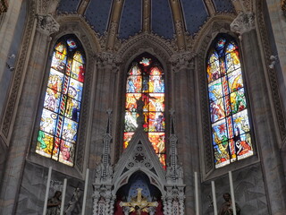 Decorated stained glass windows in San Giovanni Battista church, Brembilla, Bergamo, LOmbardy, Italy