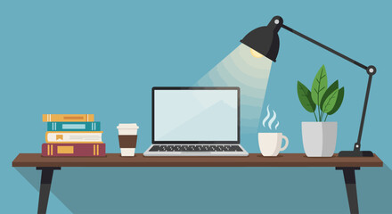 Modern workspace illustration with illuminated laptop and office desk