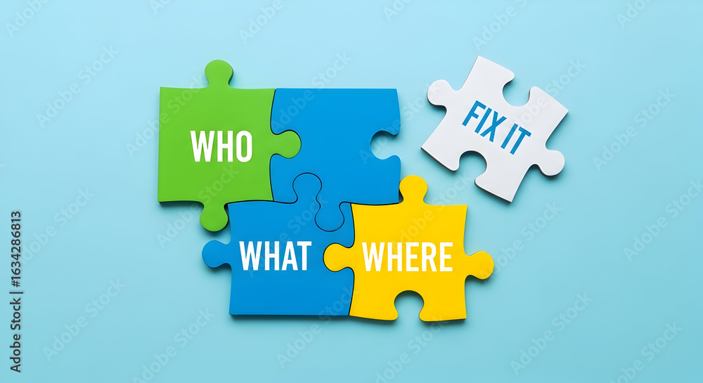 Poster problem solving concept with puzzle pieces: who what where and fix it solution