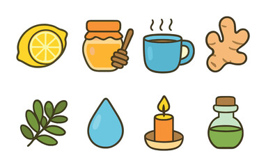 Home Remedy Icons. Flat vector mini-illustrations home remedies for colds in colors children's illustrations: