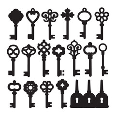 A collection of black silhouette keys arranged in a grid-like pattern against a white background. 