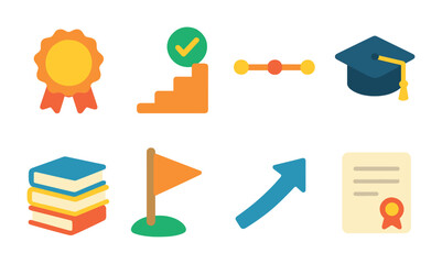 Learning Achievements Icons. Flat vector mini-illustrations Learning milestones in colors children's