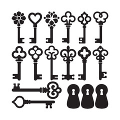 A collection of black silhouette keys arranged in a grid-like pattern against a white background. 