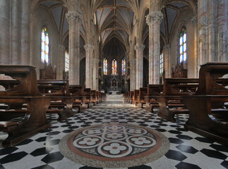 Obraz premium San Giovanni Battista church interieur in neo Gothic style in Taleggio valley, Lombardy, Italy 