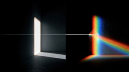 On a black backdrop, white light splits through a prism. The fading beam on the left contrasts the bright, photorealistic rainbow on the right.