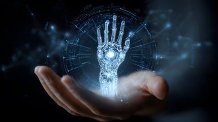 A real human hand gently supports a glowing AI hologram, illustrating the harmony of human-machine symbiosis, surrounded by sleek cybernetic elements and advanced neural patterns