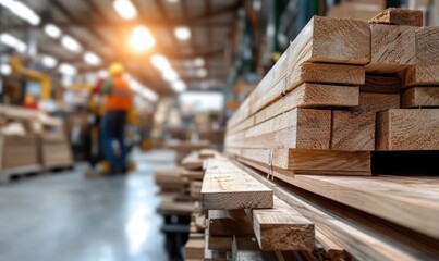 Obraz premium Various types of wooden planks are stacked neatly in a workshop, showcasing different textures and colors illuminated by soft afternoon light, ready for upcoming building projects