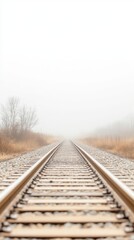 Fototapeta premium Ethereal Railway Tracks Vanishing into Dense Fog: A Serene, Solitary Path Leading Towards an Unknown Horizon, Evoking Mystery and Tranquility.