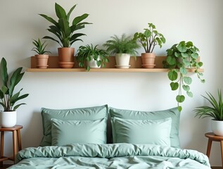 wooden_shelf_with_potted_houseplants_above_bed_with_light_jade_green_bedding_scandinavian_interior