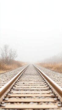 Ethereal Railway Tracks Vanishing into Dense Fog: A Serene, Solitary Path Leading Towards an Unknown Horizon, Evoking Mystery and Tranquility.