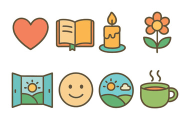 Emotional Healing Icons. Flat vector mini-illustrations Emotional healing in colors children's illustrations: