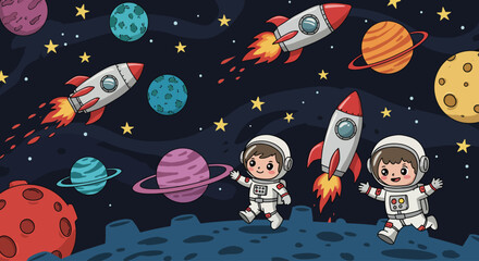 Cartoon children astronauts exploring a whimsical outer space scene.