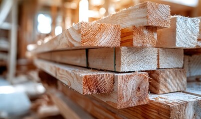 Various types of wooden planks are stacked neatly in a workshop, showcasing different textures and colors illuminated by soft afternoon light, ready for upcoming building projects