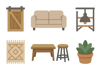 Farmhouse Decor Icons. Flat vector mini-illustrations Modern farmhouse mix in colors children's illustrations: