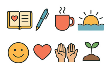 Daily Gratitude Icons. Flat vector mini-illustrations Daily gratitude practice in colors children's