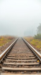 Obraz premium A captivating view of railway tracks disappearing into a dense, atmospheric fog, evoking a sense of mysterious journey and serene solitude.