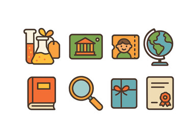 Educational Gift Icons. Flat vector mini-illustrations Educational experience gifts in colors children's