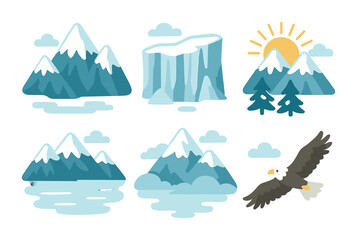 Snowy Mountain Icons. Flat vector mini-illustrations Snow-capped mountain range in colors children's