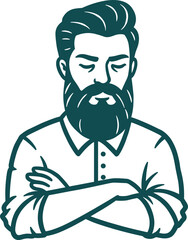 Teal monochromatic illustration of bearded man with crossed arms in collared button-up shirt, minimalist style line art portrait showcasing confidence