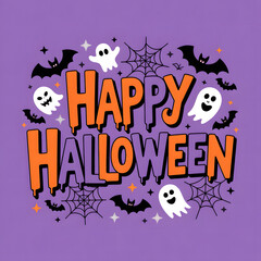 This colorful illustration for a Halloween party invitation or poster features spooky cartoon art with Happy Halloween text and autumn decoration