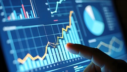 Close up of a finger interacting with a glowing digital financial data graph on a screen