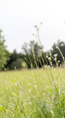Vibrant Green Grass with Sparkling Morning Dew Drops in a Serene Meadow. Fresh Nature Background Capturing the Essence of Early Summer Tranquility.