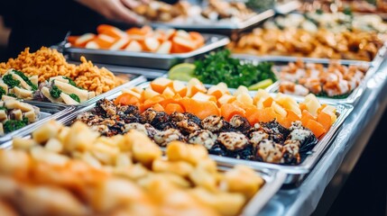 Variety of Colorful Dishes on Display at a Buffet Table