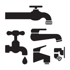 A minimalist icon set of five black faucet illustrations arranged horizontally against a white background.