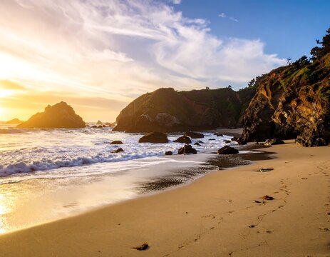 Golden sunset over a rugged coastline