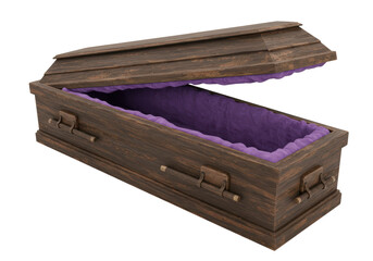 Isolated Open Wooden Coffin with Purple Lining
