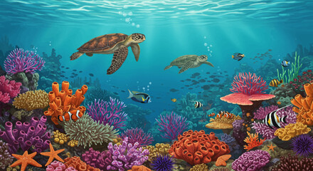 Fototapeta premium Digital Illustration of a Vibrant Underwater Coral Reef with Swimming Sea Turtles