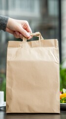 Capturing the essence of modern convenience: A hand gracefully presents a versatile blank brown paper bag, ideal for sustainable takeout and retail packaging.