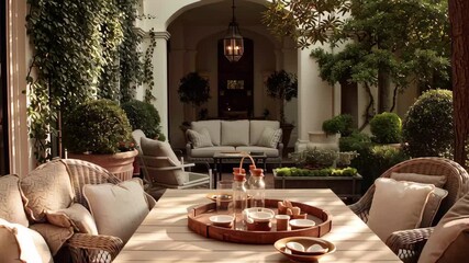 Elegant outdoor dining area with comfortable seating surrounded by lush greenery in a serene garden setting - Powered by Adobe