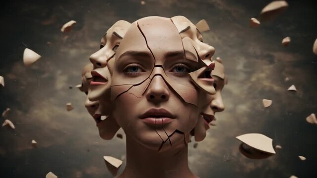 A surreal representation of a woman's face breaking apart, revealing multiple expressions in a dramatic, cloudy background