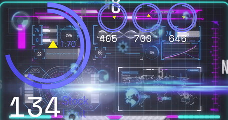 Showing HUD overlaying grid, with circular gauges, numeric counters, charts, world map, neon flare
