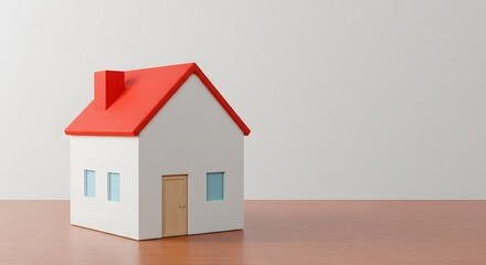 Simple white house with a red roof and wooden door on a polished wooden surface