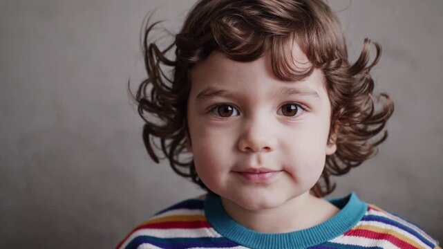 Montage of a young child with curly brown hair and brown eyes, wearing a striped sweater, looking at the camera with an inquisitive expression against a gray background