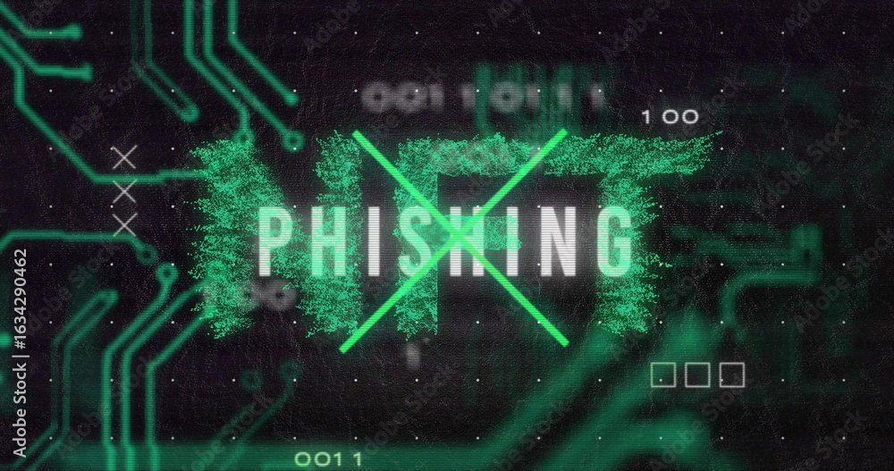 Poster displaying phishing text glitching on dark interface, with neon green x lines and circuit traces