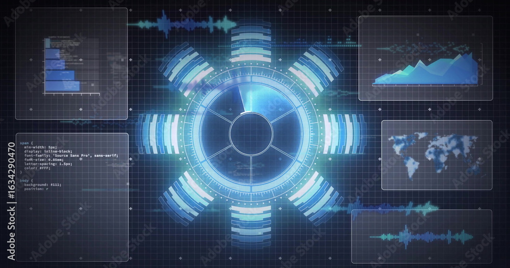 Poster showing central holographic display rotating in digital interface, with data panels and grid
