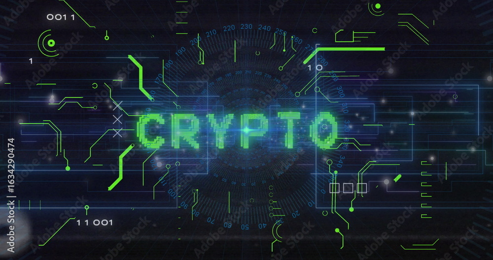 Poster displaying pixelated green crypto text on digital interface, with radial gauge and circuit traces