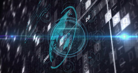 Projecting holographic globe spinning over interface rings in virtual data network, with icons