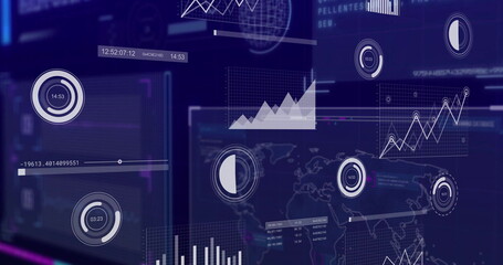 Displaying analytics interface streaming data in digital dashboard, with gauges and world map