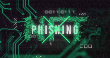 Displaying PHISHING text glitching on dark interface, with neon green X lines and circuit traces