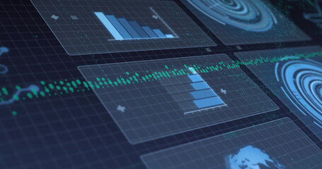 Green waveform stretching across semi-transparent panels in virtual dashboard, with blue bar charts