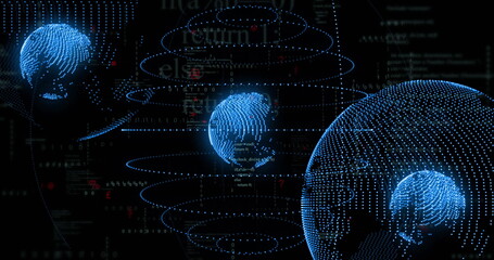 Floating blue point-cloud globe rotating on right in digital network, with binary code, copy space