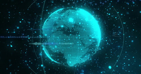 Holographic Earth spinning in virtual display, with glowing points, network lines and particles