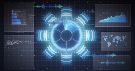 Showing central holographic display rotating in digital interface, with data panels and grid
