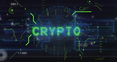 Displaying pixelated green CRYPTO text on digital interface, with radial gauge and circuit traces
