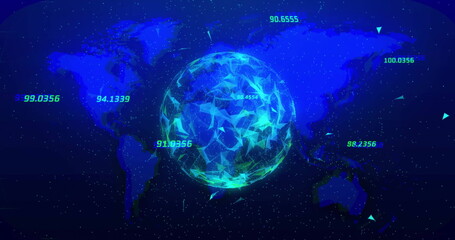 Obraz premium Floating low-poly network sphere hovering over world map, with streaming lines and numeric labels
